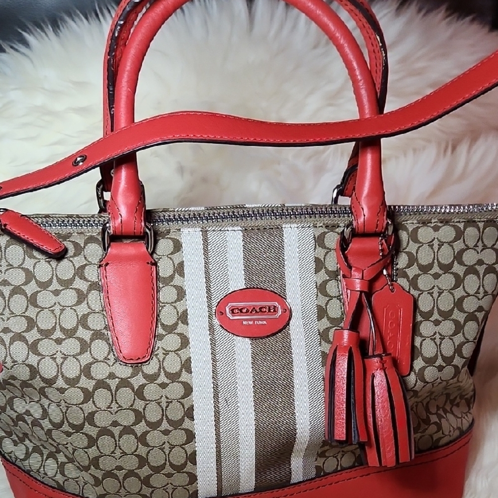 Coach Red and Tan Signature Tote